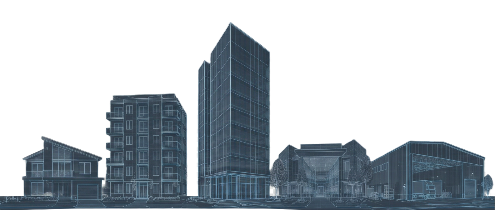 Line drawing of a house, apartment block, office tower, shopping centre and warehouse